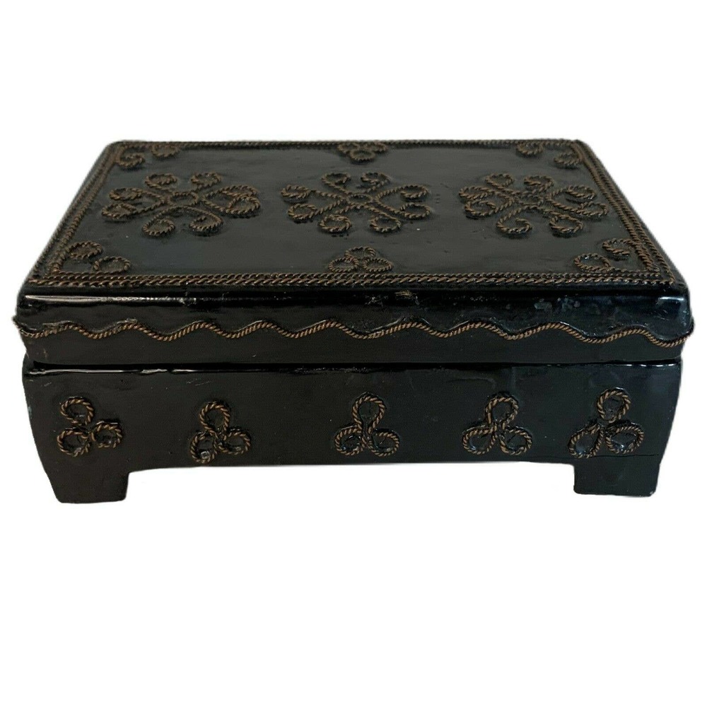 Vintage Black Wood Trinket Box Pomander with Floral Metal Inlay Hinged Lid